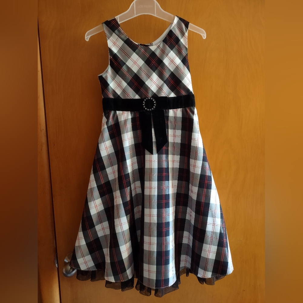 Plaid Sleeveless Kids Dress with Black Belt